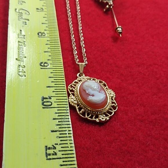 Vintage Cameo Group Dangling Pierced Earrings w/ Faux Pearls Stick pin Necklace - Picture 6 of 8
